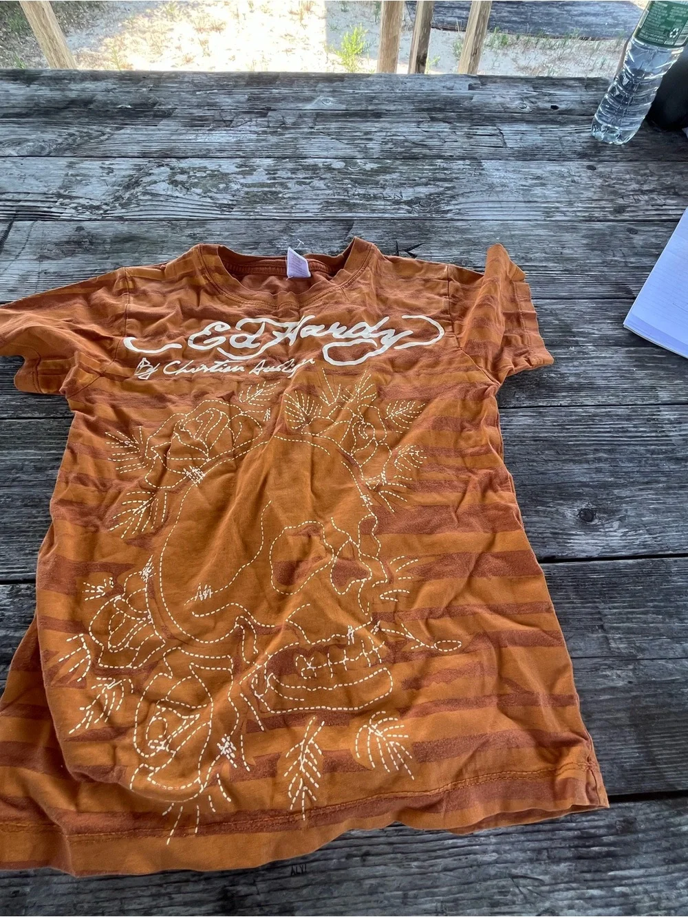 ED Hardy Orange Striped skateboard. Top !Rhinestone Skull Tee kids small
